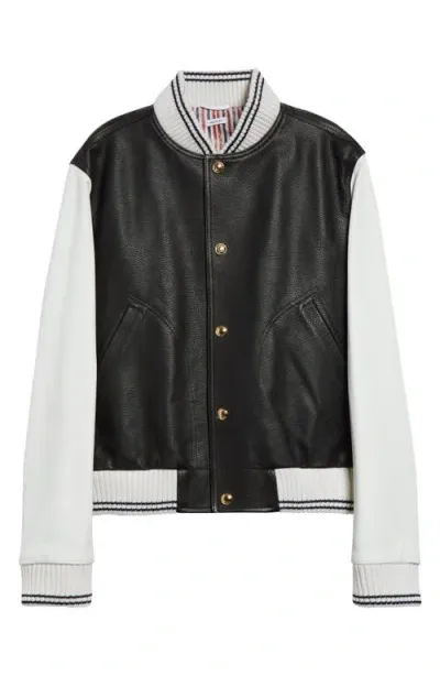 Thom Browne Mixed Media Leather & Wool Bomber Jacket In Black