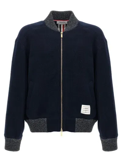 Thom Browne Striped Wool Fleece Bomber Jacket In Navy Blue