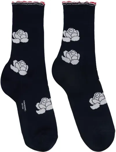 Thom Browne Floral-intarsia Ankle Socks In Dark Blue