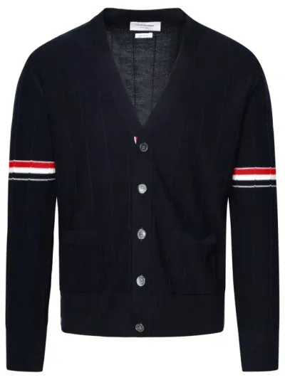 Thom Browne Navy Virgin Wool Cardigan In Black