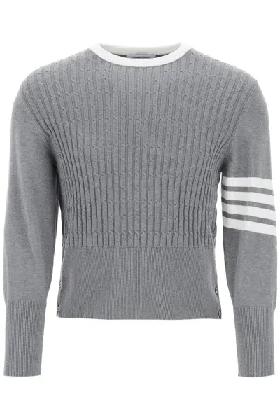 Thom Browne Placed Baby Cable 4-bar Cotton Sweater In Gray