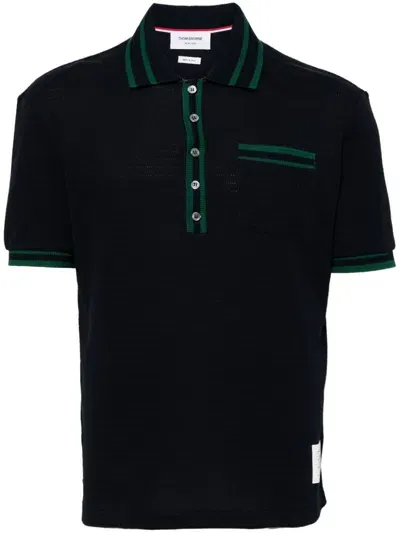 Thom Browne Pointelle Cotton Knit Polo Shirt In Navy