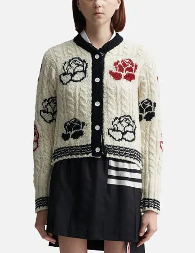 Thom Browne Rose Intarsia Knit Cardigan In White