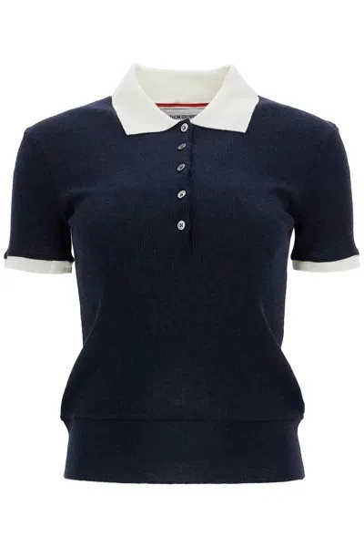 Thom Browne Polo Manica Corta In Lana In Blue