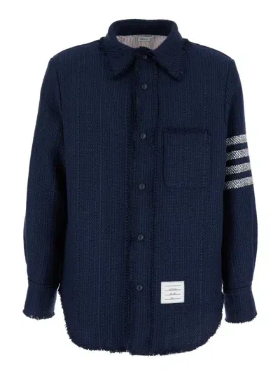 Thom Browne Navy Blue Shirt With Contrasting 4-bar Detail In Tweed Man