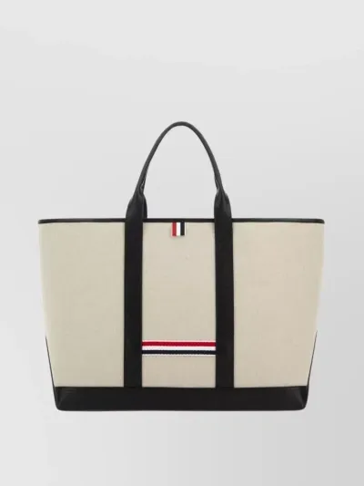 Thom Browne Striped Canvas Tote Bag In Beige