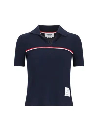 Thom Browne Three Stripes Knit Polo Shirt In Blue