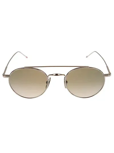 Thom Browne Top Bar Detail Round Frame Sunglasses In Shiny Silver W