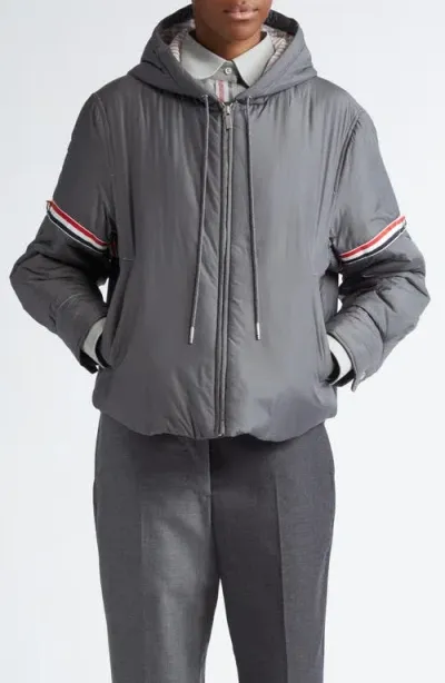 Thom Browne Tricolor Armband Down Hooded Jacket In Dark Grey