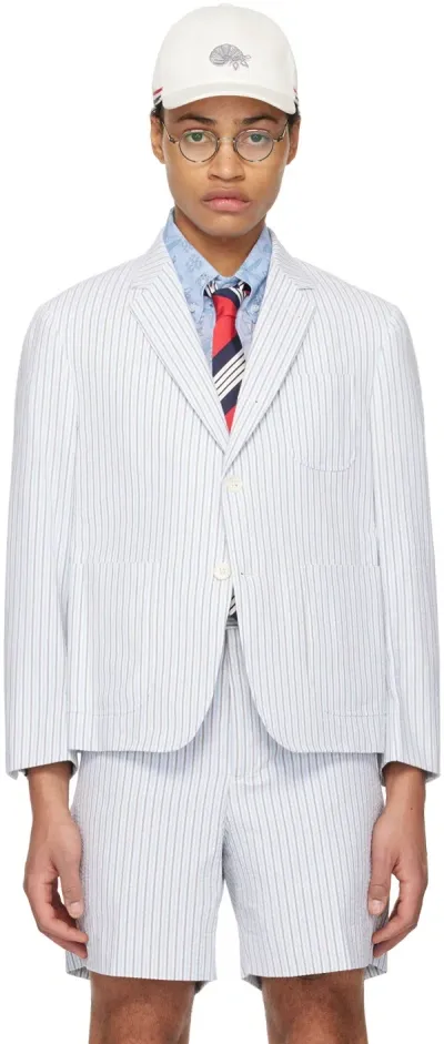 Thom Browne White & Blue Striped Blazer In 480 Light Blue