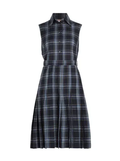 Thom Browne Women's Plaid Wool-linen Midi-dress In Dark Navy