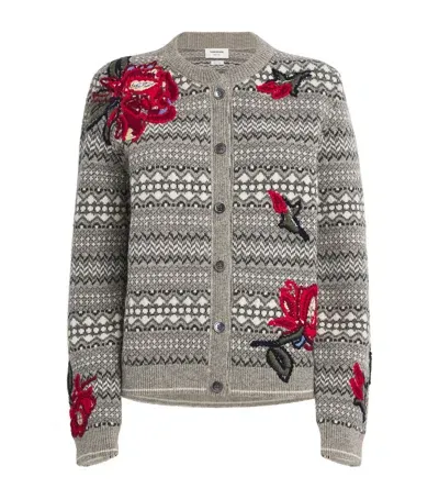 Thom Browne Floral-embroidered Wool Cardigan In Grey