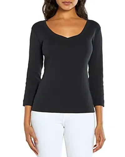 Three Dots Cotton V Neck Three Quarter Sleeve Tee In Black