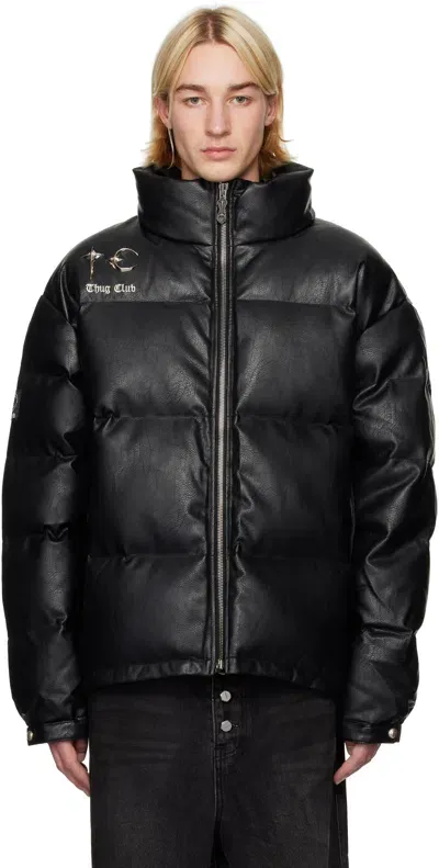 Thug Club Black Leather Puffer Down Jacket