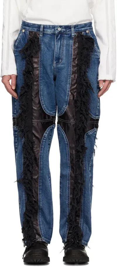 Thug Club Mohican Leather Denim Pants In Blue