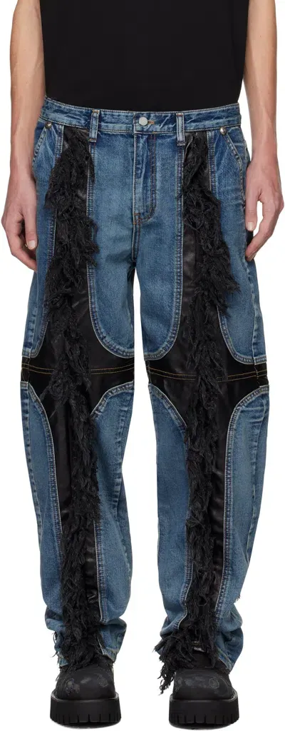 Thug Club Blue Mohican Leather Denim Jeans In Blu/blk