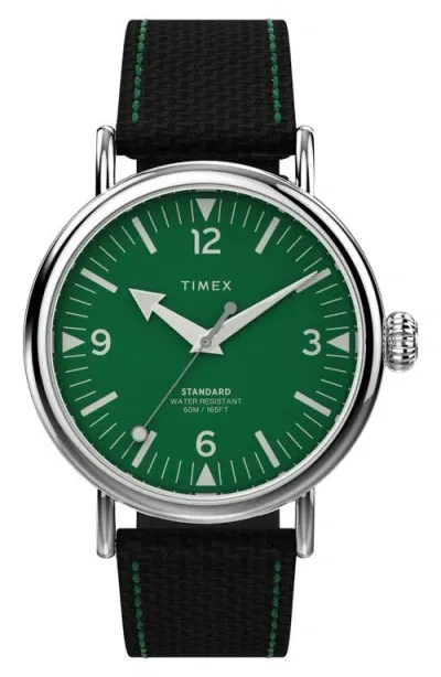 Timex ® Standard Leather Strap Watch, 40mm In Silver/green/black