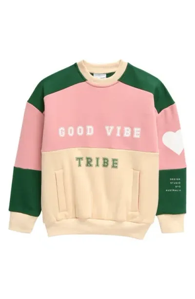 Tiny Tribe Kids' Good Vibe Colorblock Cotton Graphic Sweatshirt In Pink Multi