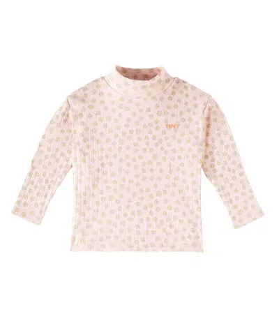 Tinycottons Kids' Daisies Floral Mock Neck Cotton Top In Pink