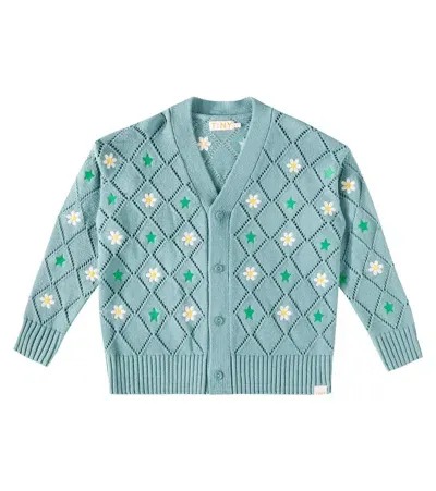 Tinycottons Kids' Embroidered Pointelle Cotton And Wool Cardigan In Green