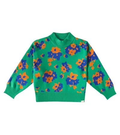 Tinycottons Kids' Flowers Cotton And Wool Sweater In Green