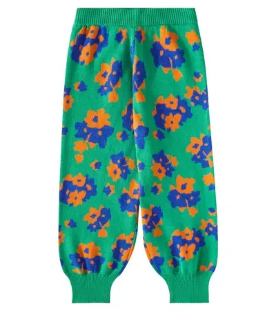 Tinycottons Kids' Flowers Cotton And Wool Wide-leg Pants In Green