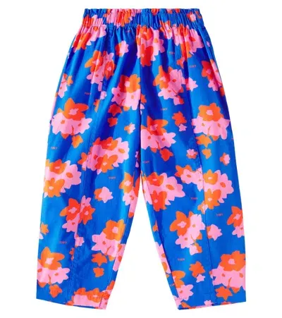 Tinycottons Kids' Flowers Cotton Wide-leg Pants In Blue