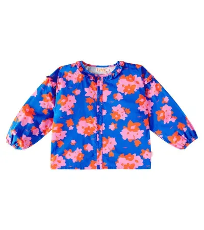 Tinycottons Kids' Flowers Ruffled Cotton Poplin Blouse In Blue