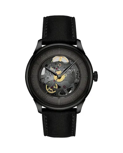 Tissot Men's Swiss Automatic Chemin Des Tourelles Skeleton Black Leather Strap Watch 40mm In No Color