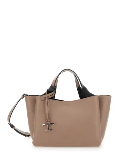 Tod's Beige Handbag With Embossed Logo And T Timeless Charm In Grainy Leather Woman