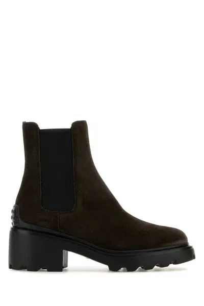 Tod's 60mm Heel Black Suede Ankle Boot In Brown