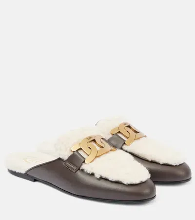 Tod's Catena Shearling-lined Leather Slippers In Braun