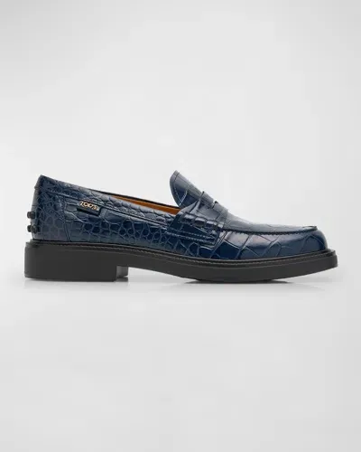 Tod's Gomma Croco Classic Penny Loafers In Galassia Scuro