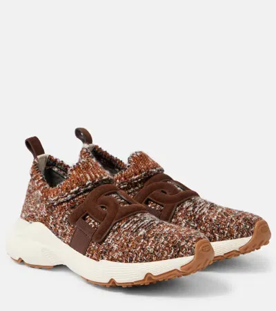 Tod's Knitted Leather-trimmed Sneakers In Brown