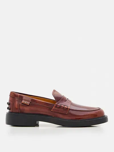 Tod's Leather Loafer In Cherry