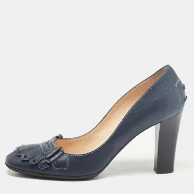 Pre-owned Tod's Navy Blue Leather Fringe Detail Pumps Size 38.5