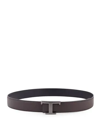 Tod's Hammered Leather Belt With T Timeless Buckle In Black