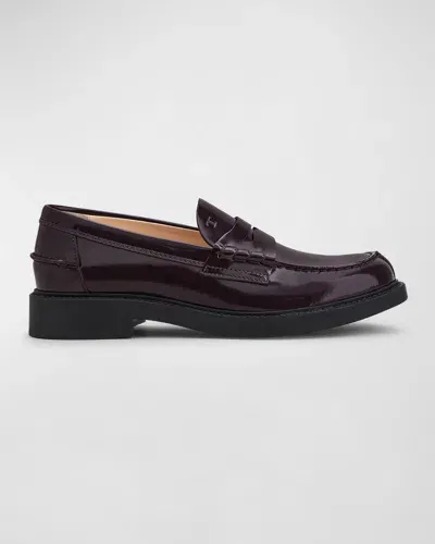 Tod's Patent Flat Penny Loafers In Wine