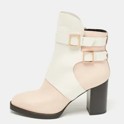 Pre-owned Tod's Pink/white Leather Block Heel Ankle Length Boots Size 38.5