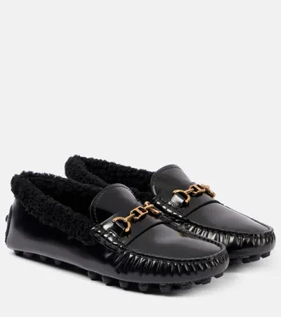 Tod's Shearling-trimmed Leather Loafers In Negro