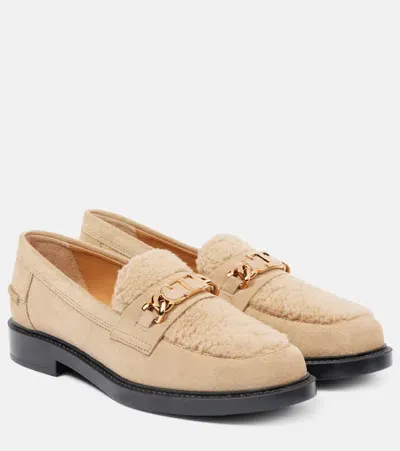 Tod's Shearling-trimmed Suede Loafers In Beige