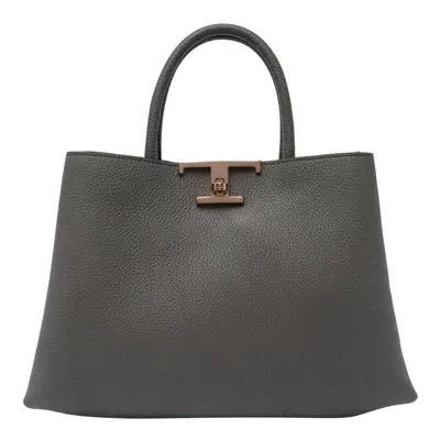 Tod's T Timeless Logo Plaque Shopping Bag In Dove Grey