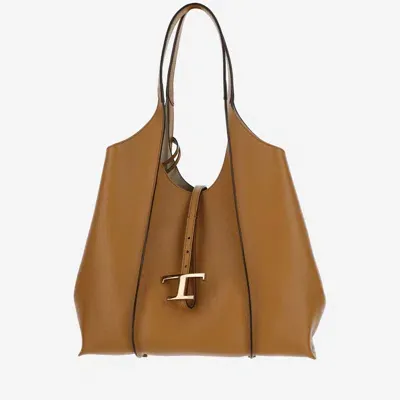 Tod's T Timeless Medium Leather Hobo Bag In Camel