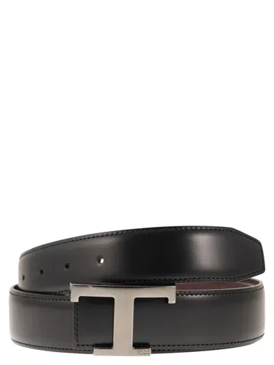 Tod's T Timeless Reversible Leather Belt In Black/bordeaux