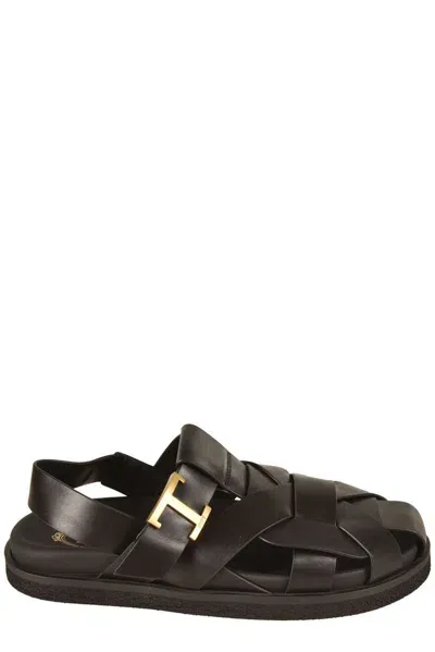 Tod's Logo Engraved Caged Sandals In Black