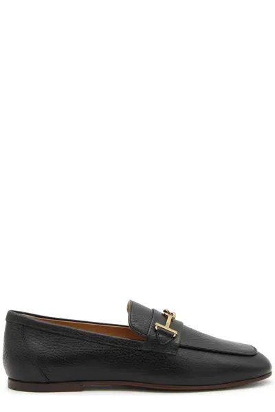 Tod's Logo Plaque Almond Toe Loafers In Black