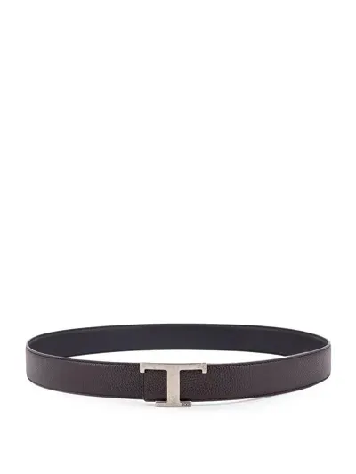 Tod's Hammered Leather Belt With T Timeless Metal Buckle In Black