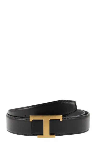 Tod's Timeless Reversible T Leather Belt In Black/blue