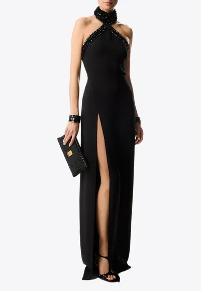 Tom Ford Embellished Silk-blend Halterneck Gown In Black