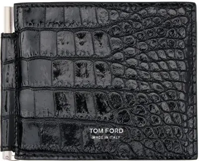 Tom Ford Black Shiny Printed Croc T Line Money Clip Wallet